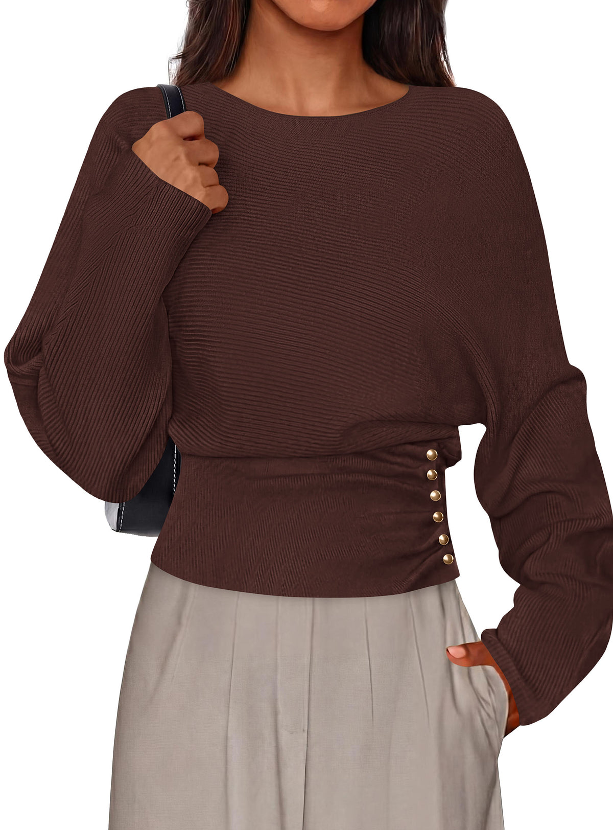 PRETTYGARDEN Batwing Sleeve Sweaters For Women Pullover Fall Clothes						 					  Cozy Ribbed Knit, Single Side Button,  Cinched Waist, Business Casual Work Outfits , 2026 Trendy Fall Winter Fashion Clothing