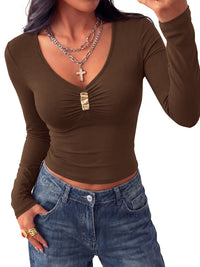 PRETTYGARDEN Women's 2026 Fall Long Sleeve Ruched T Shirts Casual V Neck Buckle Slim Fit Tops Y2K Going Out Basic Tees