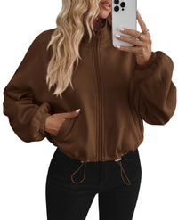 PRETTYGARDEN Womens Zip Up Fleece Cropped Sweatshirt Jacket | Oversized Loose Soft Stand Collar with Drawstring Hem, Long Sleeve Casual Coat With Pockets, Fall Outfits Winter Clothing