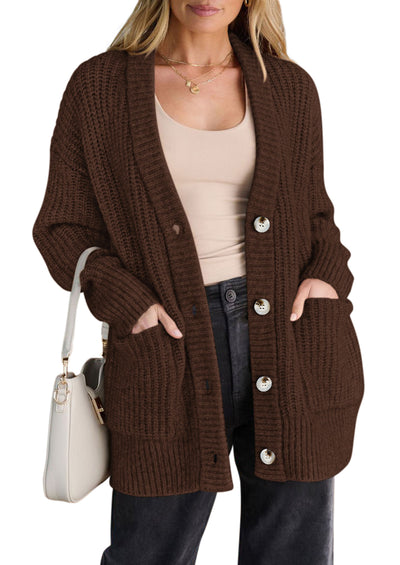 PRETTYGARDEN Oversized Cardigan Sweaters for Women Button Up | V Neck Long Cardigans, Chunky Ribbed Knit Loose Fit with Side Pockets, Casual Daily Office Outfits, Fall Winter Clothing