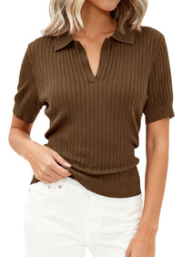 PRETTYGARDEN Women's Short Sleeve Sweater 2026 Spring Polo Shirts Ribbed Knit V Neck Business Casual Tops Summer Work Clothes PRETTYGARDEN