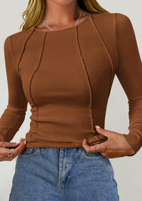 KIRUNDO Ribbed Long Sleeve Tops for Women Stretch Slim Basic Crop Tee Exposed Seams Spring Fall Fashion Trendy Tshirt