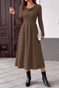 PRETTYGARDEN Women Casual Cowl Neck Long Sleeve Midi Dress