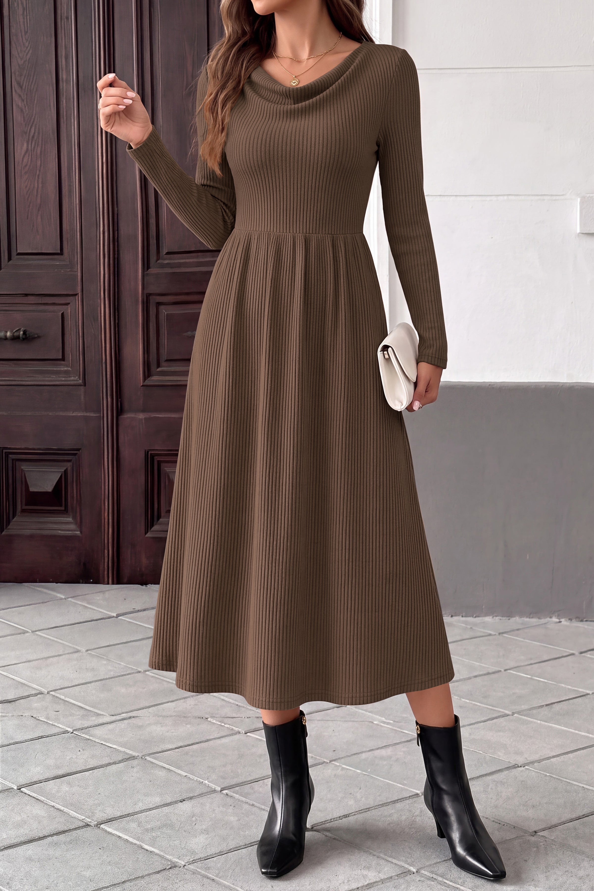 PRETTYGARDEN Women Casual Cowl Neck Long Sleeve Midi Dress
