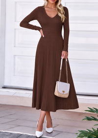 PRETTYGARDEN Women's Fall V Neck Pleated Midi Sweater Dress  Stretchy Ribbed Knit,Long Sleeve,A Line Flowy Skirt,Elegant Long Dresses for Wedding Guest,Work Office,Winter Party Outfits