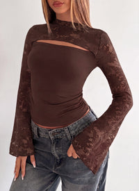 PRETTYGARDEN Womens Tops Fall Sexy Bell Long Sleeve Shirts Cut Out Fitted Y2k Lace Tshirt Ruched Going Out Crop Top 2026