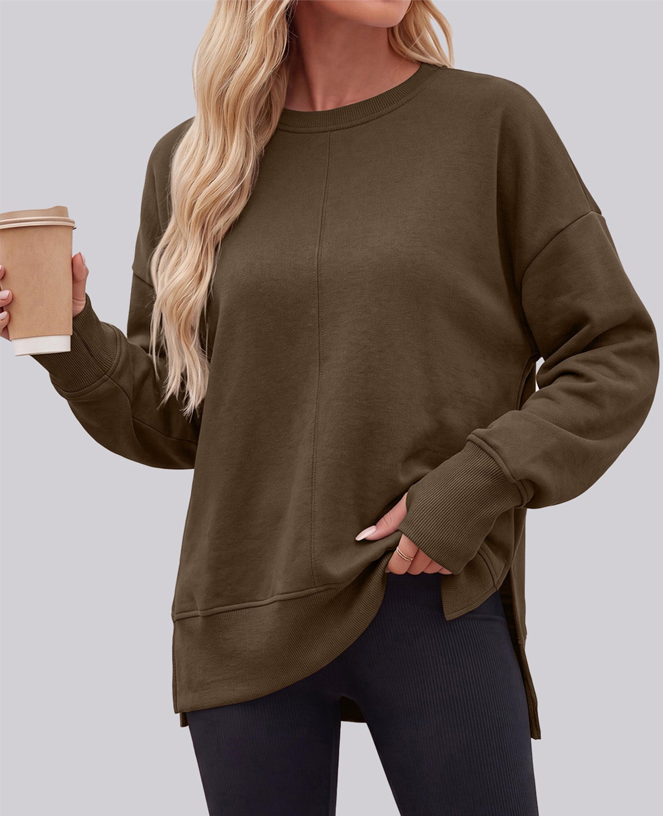 PRETTYGARDEN Womens Long Sleeve Loose Crewneck Sweatshirts with Thumb Hole | Soft Cozy Fleece Basic Side Slit Oversized Pullover Tops, Workout Casual Daily Wear, Y2k 2026 Fashion Fall Winter Clothing