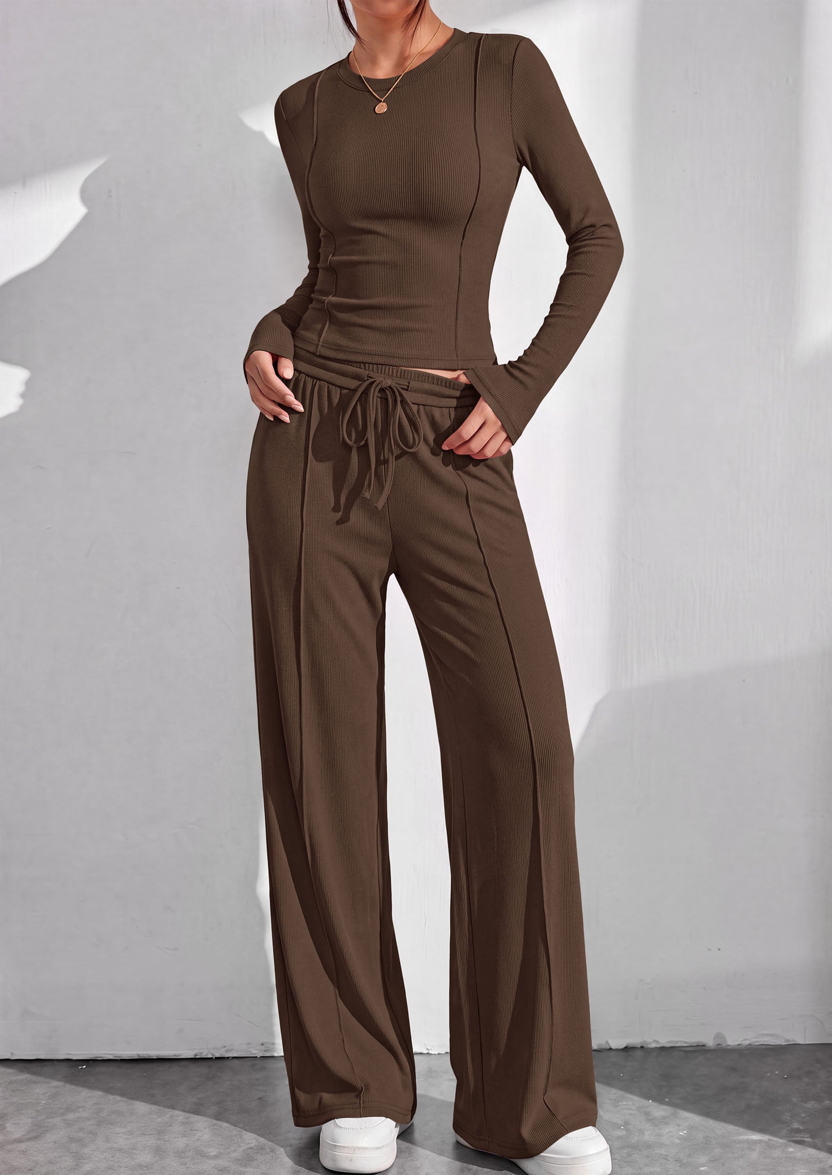 PRETTYGARDEN Womens 2 Piece Sets Long Sleeve Outfits  Soft Ribbed Knit, Loose Wide Leg Fit, Crop Top Drawstring High Waist Pants Set, Casual Lounge Travel, Matching Fall Clothes