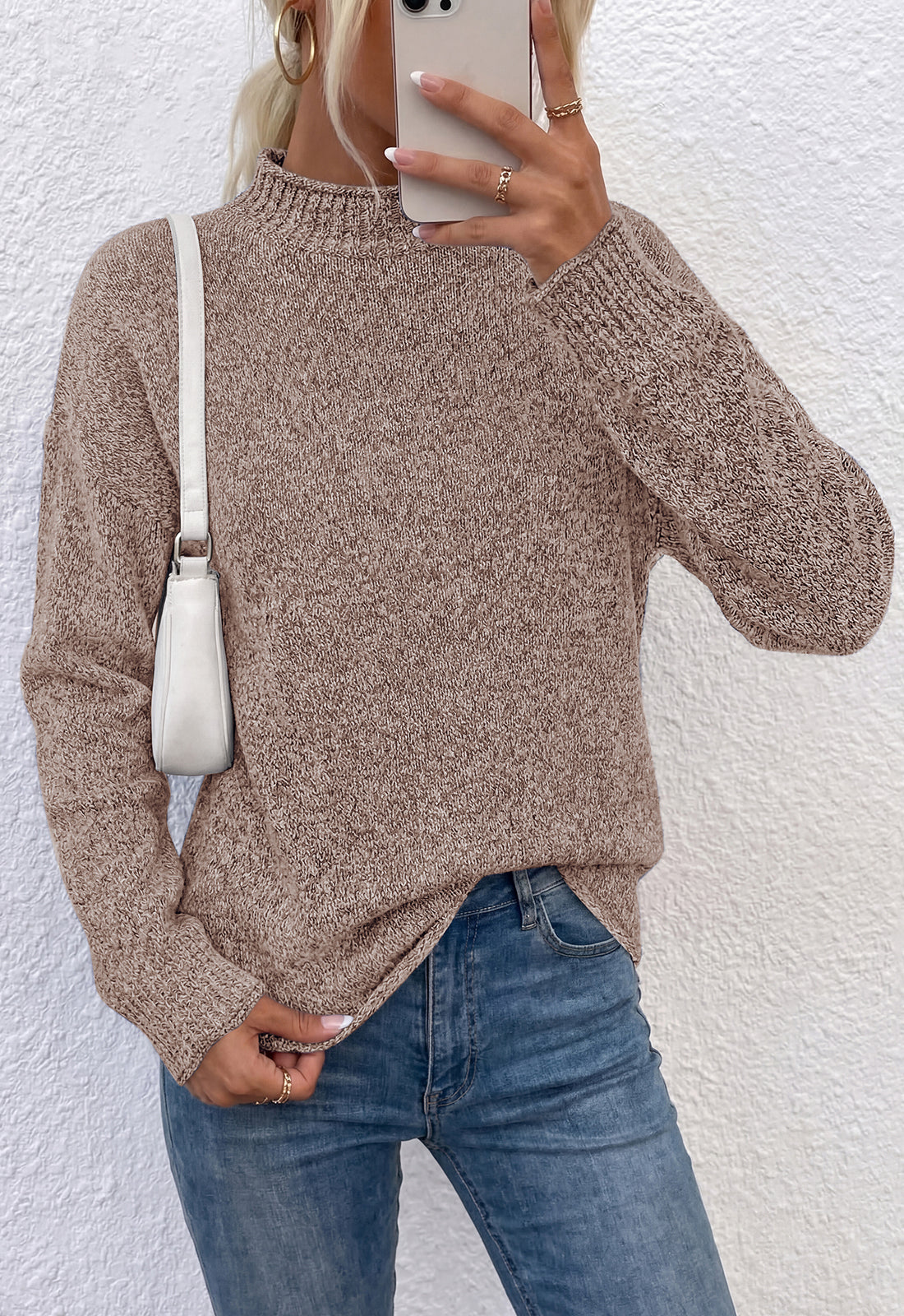 PRETTYGARDEN Womens Sweaters 2026 Mock Neck Ribbed Knit Fall Outfits | Long Sleeve Pullover Tops, Rolled Edge, Loose Fit, Soft Cotton Fabric, Comfy Cozy Sweater, Versatile Casual Cute Clothes