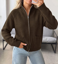 PRETTYGARDEN Womens Zip Up Cardigan Sweaters with Pockets Fall Jackets Stand Collar Long Sleeve Ribbed Knit Sweater, Chunky Loose Fit Open Front Short Cardigans, Fashion Winter Coats Outerwear