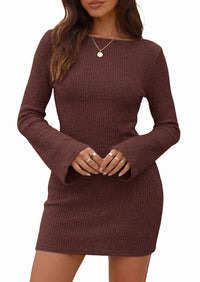PRETTYGARDEN Womens Fall Bell Long Sleeve Mini Dress 2026 Casual Boat Neck Ribbed Bodycon Short Party Cocktail Dresses
