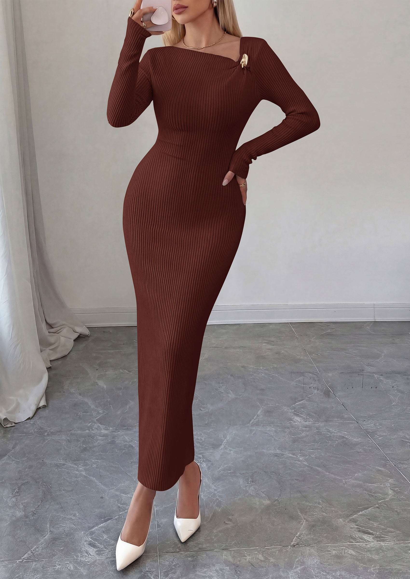 PRETTYGARDEN Womens Fall Long Sleeve Ribbed Sweater Dress | Breathable Knit Fabric, Elegant Bodycon Cut, Fashion Asymmetrical Neck, Night Out Party Dresses, 2026 Trendy Winter Clothes  Price, product page