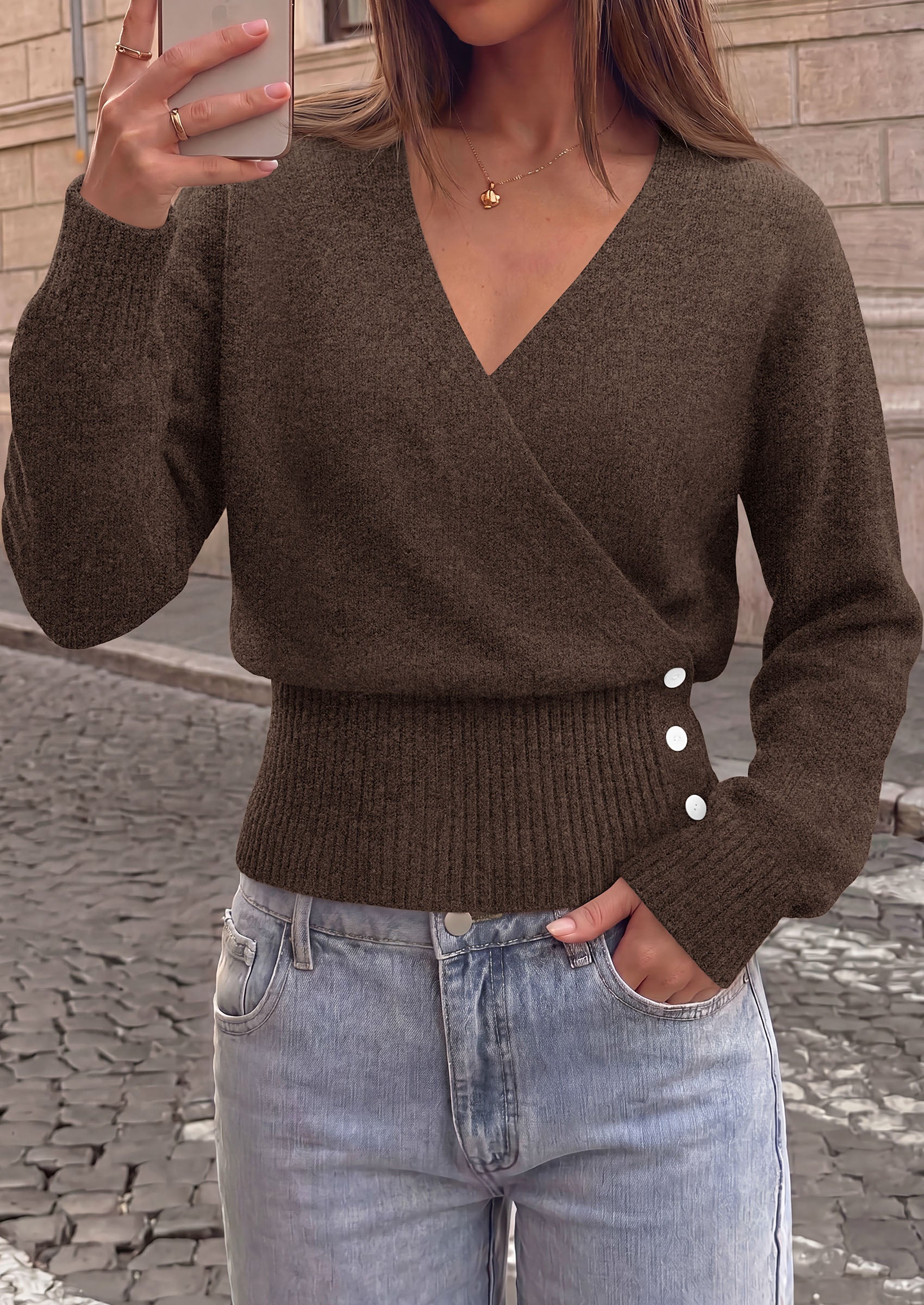 PRETTYGARDEN Women V Neck Wrap Sweater Cropped Tops Fall Winter Fashion 2026, Business Casual Outfits, Stretchy Soft knit, Wide Ribbed Hem with Side Buttons Pullover Sweaters