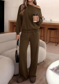 PRETTYGARDEN Womens 2 Piece Casual Matching Lounge Sets  Fashion Off the Shoulder Sweatshirt, Wide Leg Pants with Pockets, Comfy Airport Travel Outfit, 2026 Trendy Fall Set
