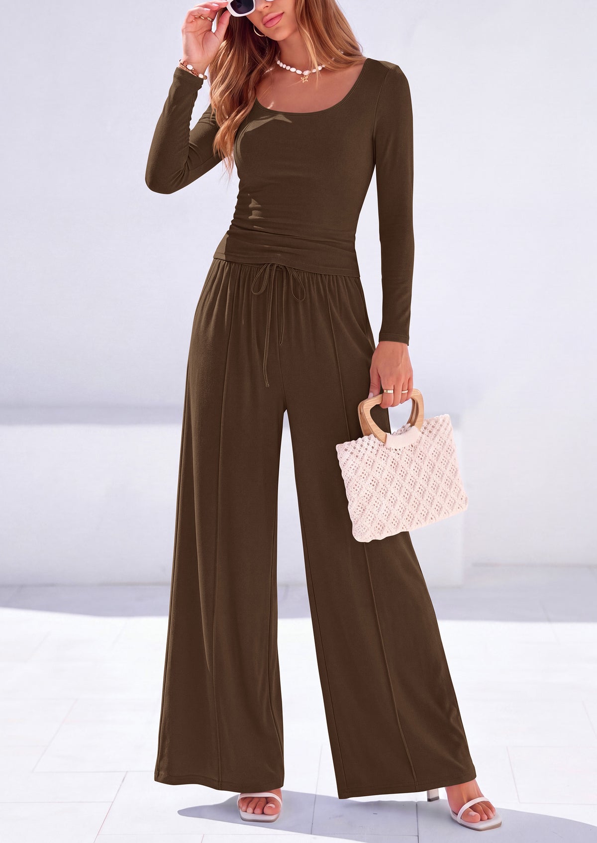 PRETTYGARDEN 2 Piece Sets for Women Fall Lounge Matching Set  Soft Fitted Square Neck Long Sleeve Crop Top, Casual Wide Leg Pants, Work, Home, Workout, Travel, Airport, Comfy Fall Clothes
