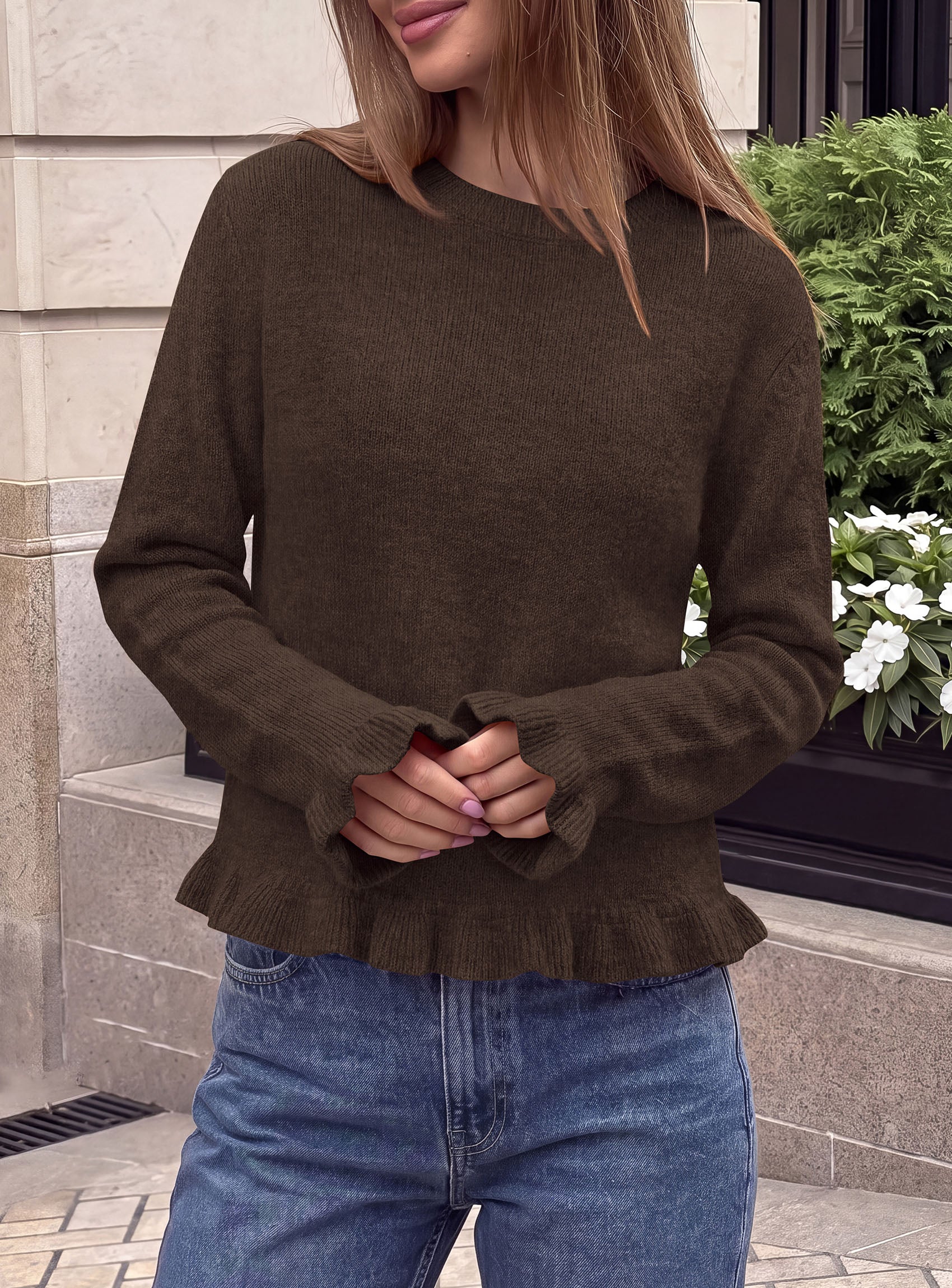 PRETTYGARDEN Women's Ruffle Sweaters Fall Fashion Cozy Knit Pullover  Soft Warm Chunky, Crewneck Long Sleeve, Cute Peplum Tops, Dressy Casual Blouses, Going Out Holiday, Trendy Winter Outfits