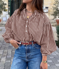 PRETTYGARDEN Women Fall Plaid Long Puff Sleeve Shirts V Neck Casual Blouses  Gingham Button Down Oversized, Pleated Drop Shoulder Cotton Tops, Dressy Casual, Work Vacation Travel, Fall Outfits Trendy