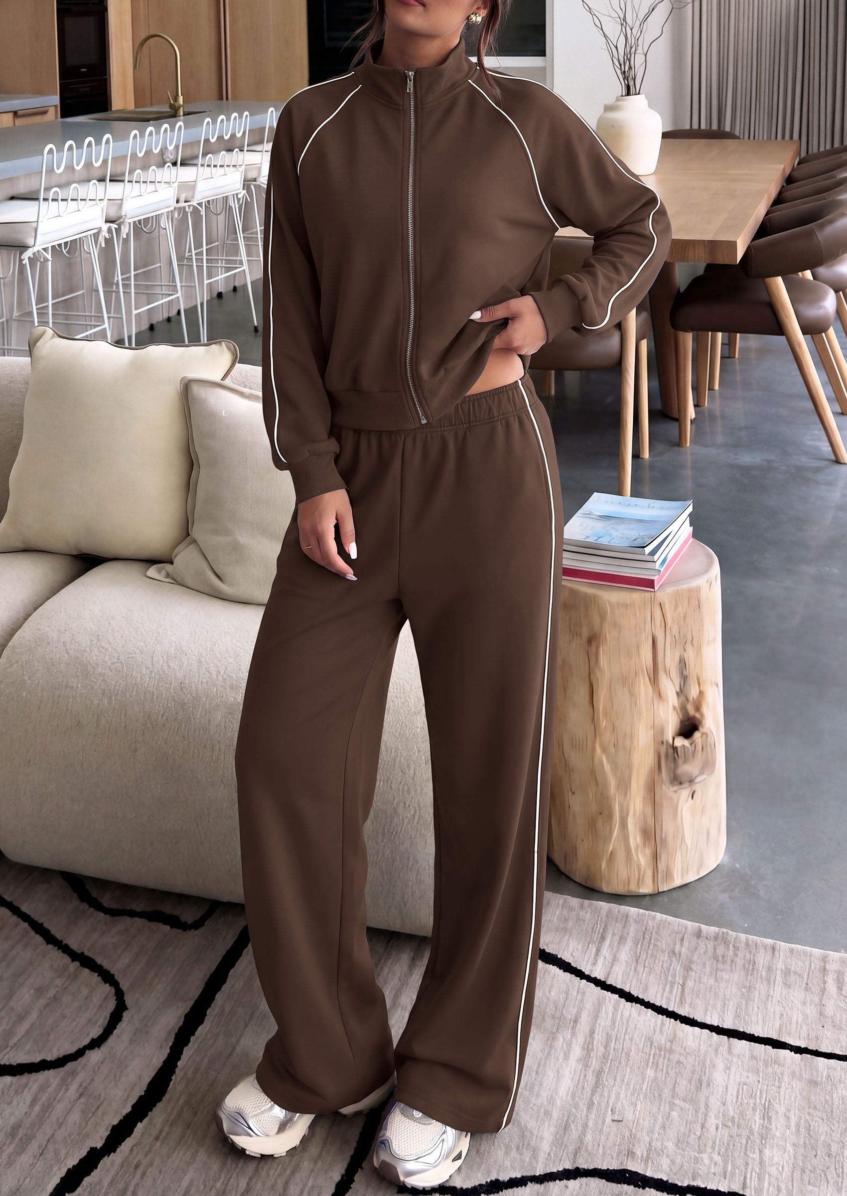 PRETTYGARDEN Women's 2 Piece Sweat Set Casual Fall Outfits | Zip Up Sweatshirt,Wide Leg Pants Sweatsuits,Side Stripes,Matching Lounge Sets,Athletic Wear for Airport,Jogging,Travel,Daily