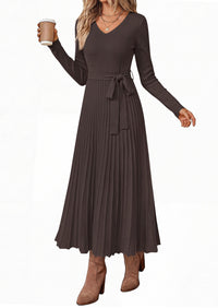 PRETTYGARDEN Womens Fall Maxi Long Sleeve Sweater Dress  Soft Stretchy Knit, V Neck A Line Dresses with Bow, Flowy Pleated Hem, Cocktail Party Outfits, Trendy Winter Clothes