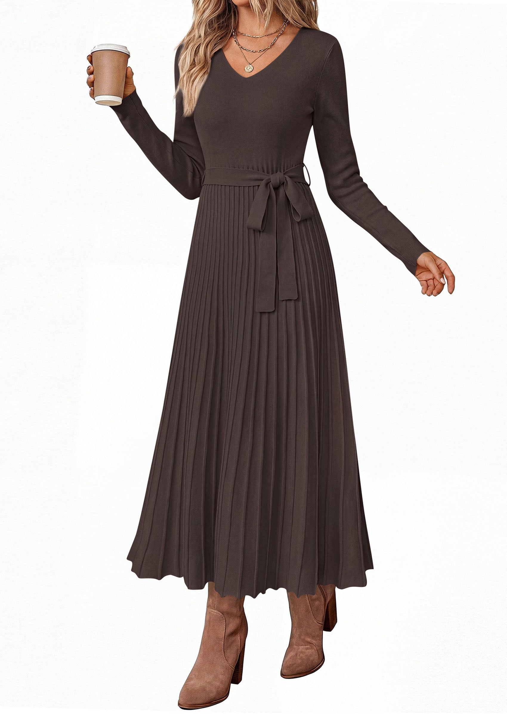 PRETTYGARDEN Womens Fall Maxi Long Sleeve Sweater Dress  Soft Stretchy Knit, V Neck A Line Dresses with Bow, Flowy Pleated Hem, Cocktail Party Outfits, Trendy Winter Clothes