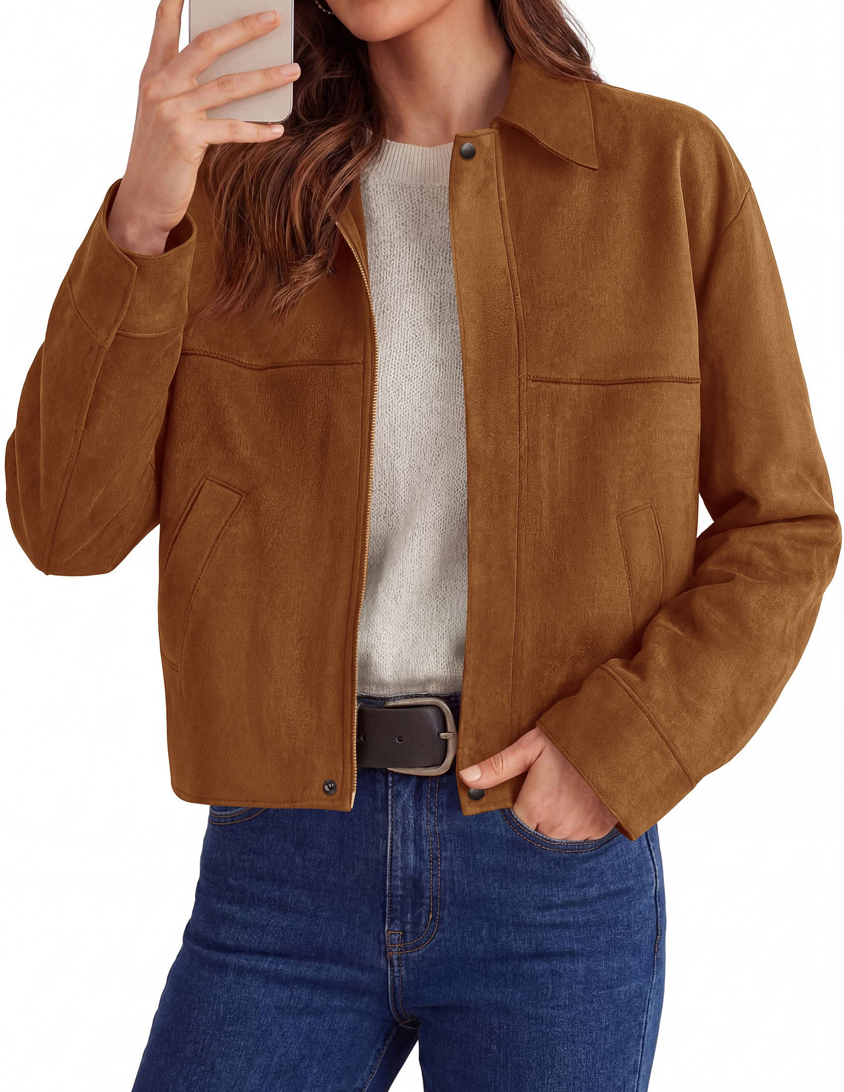 PRETTYGARDEN Women's Faux Suede Cropped Fall Jackets | Soft Zip Up Coats,Classic Lapel Collar,Button Down Shacket,Oversized Casual Outerwear,Trendy Winter Clothes with Pockets