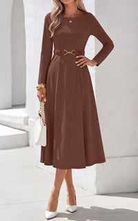 PRETTYGARDEN Women's Fall Long Sleeve Semi Formal Midi Dresses with Pockets Boat Neck, Metal Buckle Tie Waist, Flowy A Line, Elegant Classy Wedding Guest Cocktail Party Dress, Business Casual Outfits