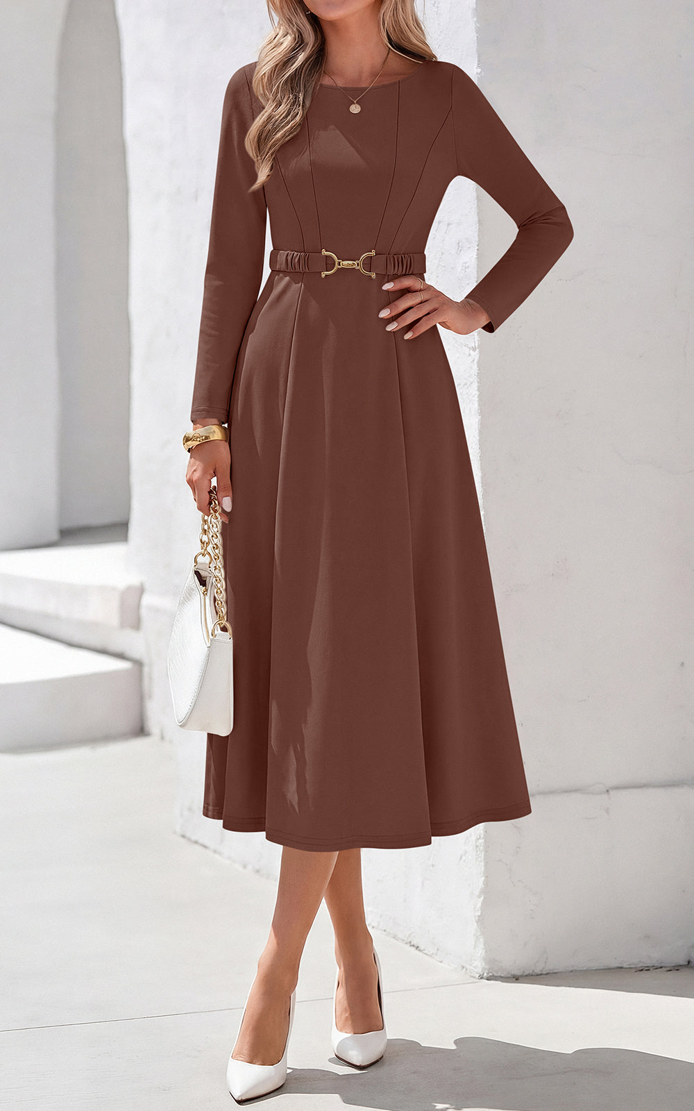 PRETTYGARDEN Women's Fall Long Sleeve Semi Formal Midi Dresses with Pockets Boat Neck, Metal Buckle Tie Waist, Flowy A Line, Elegant Classy Wedding Guest Cocktail Party Dress, Business Casual Outfits