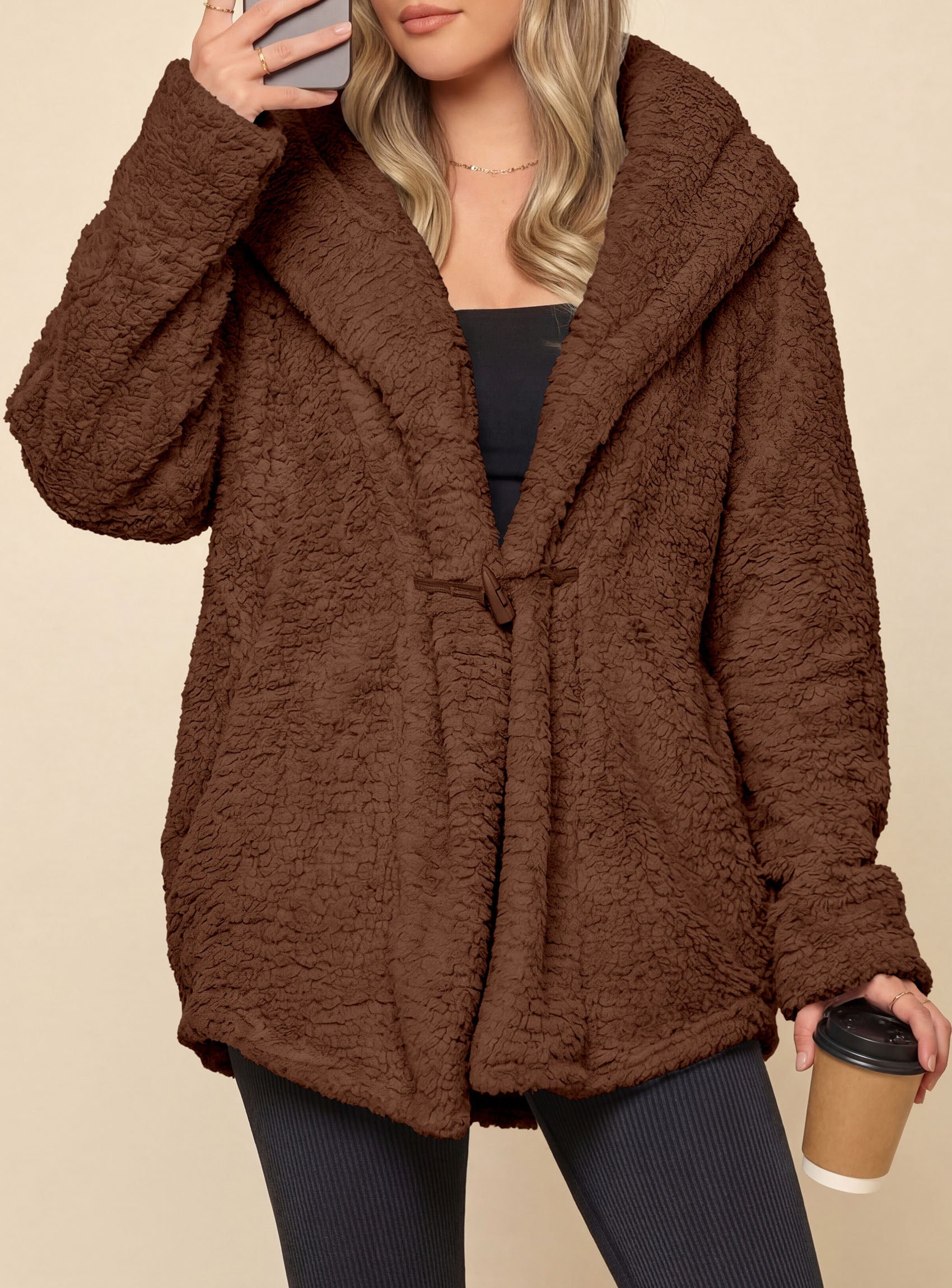 PRETTYGARDEN Women's Winter Warm Coats Hooded Faux Fur Sherpa Jacket  Fuzzy Fleece, Thumb Holes, Long Sleeve Pockets, Teddy Bear Jackets, Trendy Casual Fall Clothes, Holiday Going Out Outfits
