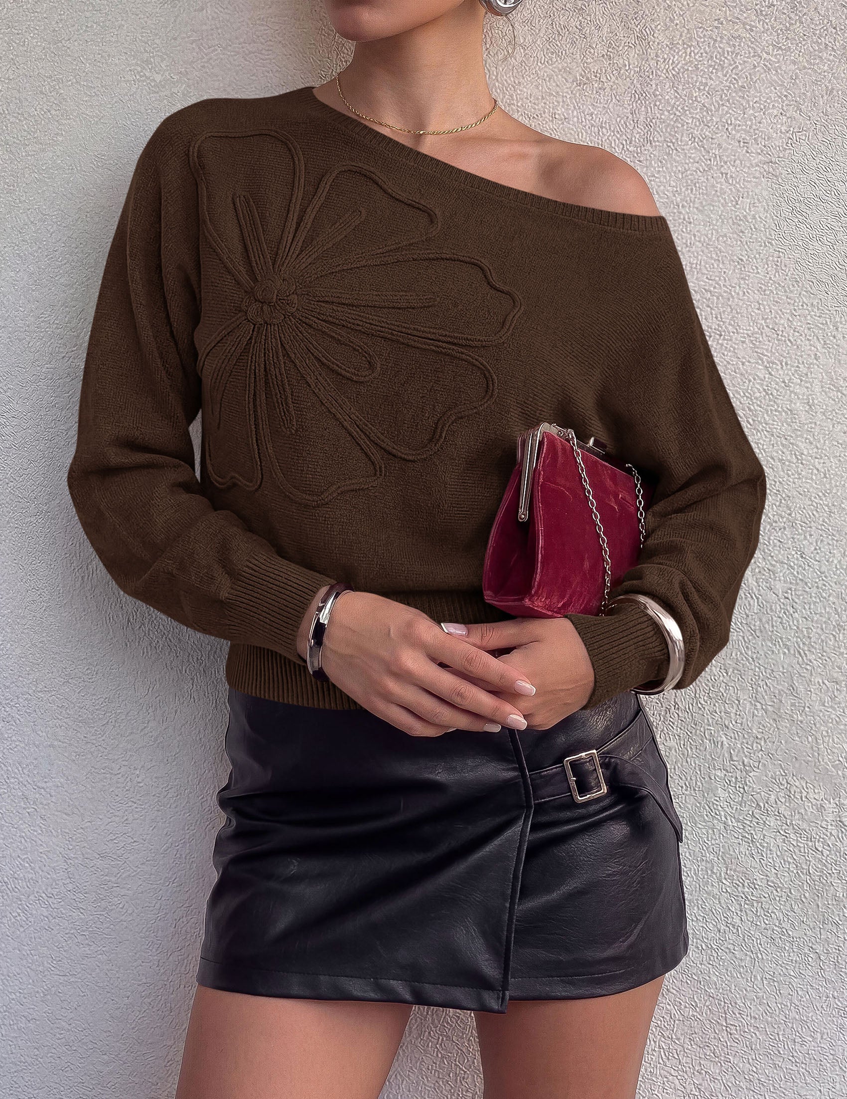 PRETTYGARDEN Women's Fall Off The Shoulder Sweater Tops   | 3D Flower Off Shoulder Sweater, Cinched Waist, Long Sleeve Cropped Sweaters, Knit Pullover Tops, Trendy Date Night Outfit