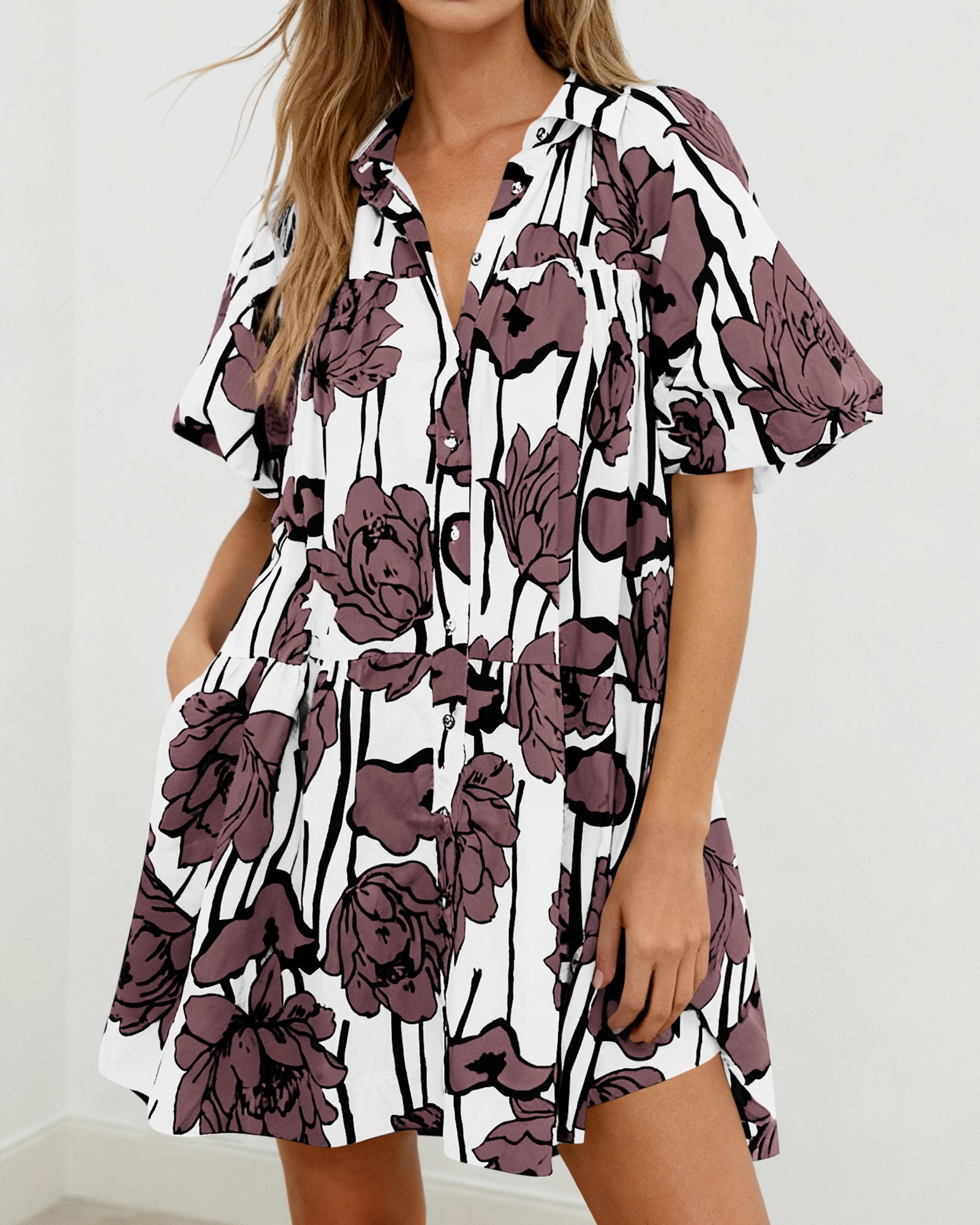 PRETTYGARDEN Womens Summer Dresses 2026 Casual Puff Sleeve Button Down Mini Shirt Dress Boho Floral Babydoll Sun Dress PRETTYGARDEN