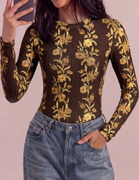 PRETTYGARDEN Womens Long Sleeve Shirts Floral Y2K Tops | Soft Lightweight Ribbed Knit Top,Fitted Waist,Crew Neck Slim Fit,Going Out Vacation Outfits,Layering Fall Winter Clothes