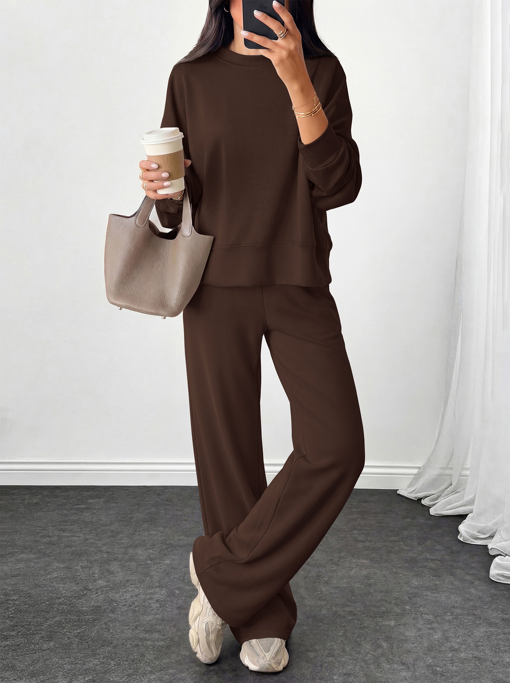 PRETTYGARDEN Womens 2 Piece Outfits Fall Sweatsuits Matching Lounge Sets  | Crewneck Long Sleeve Sweatshirt, Wide Leg Pants Sets with Pockets & Drawstring, Casual Tracksuit, Travel Airport Outfits 2026