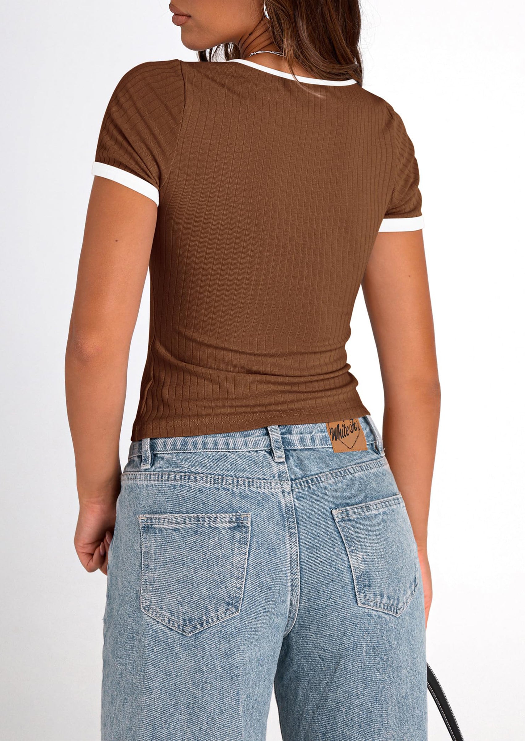 PRETTYGARDEN Women's Summer Short Sleeve T Shirts Ribbed Knit Square Neck Color Block Slim Fit Basic Casual Crop Tops Blouses