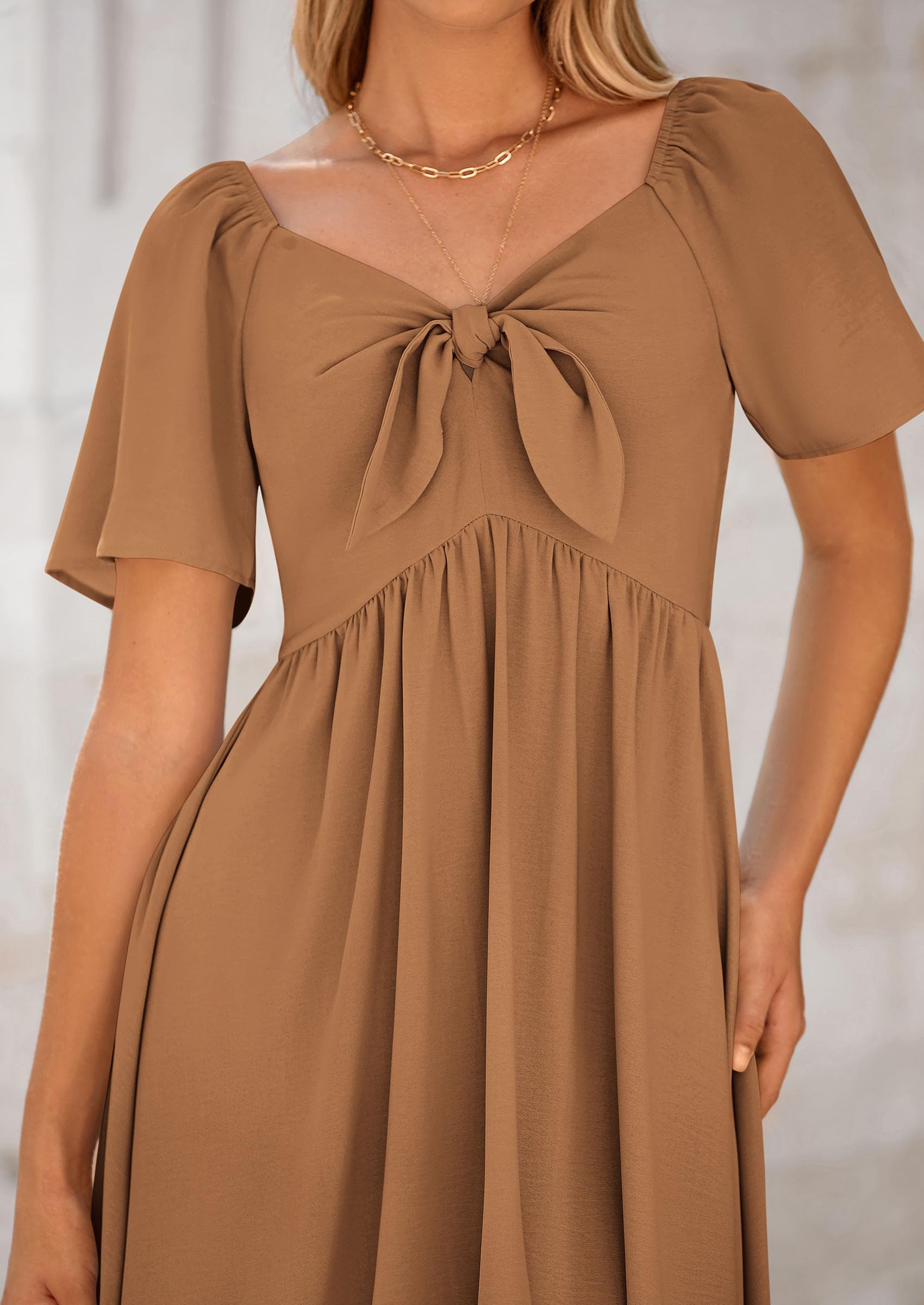 PRETTYGARDEN Summer Dress for Women Casual Short Sleeve Bow Tie V Neck Ruffle Midi Flowy Dresses