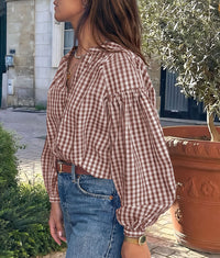 PRETTYGARDEN Women Fall Plaid Long Puff Sleeve Shirts V Neck Casual Blouses  Gingham Button Down Oversized, Pleated Drop Shoulder Cotton Tops, Dressy Casual, Work Vacation Travel, Fall Outfits Trendy