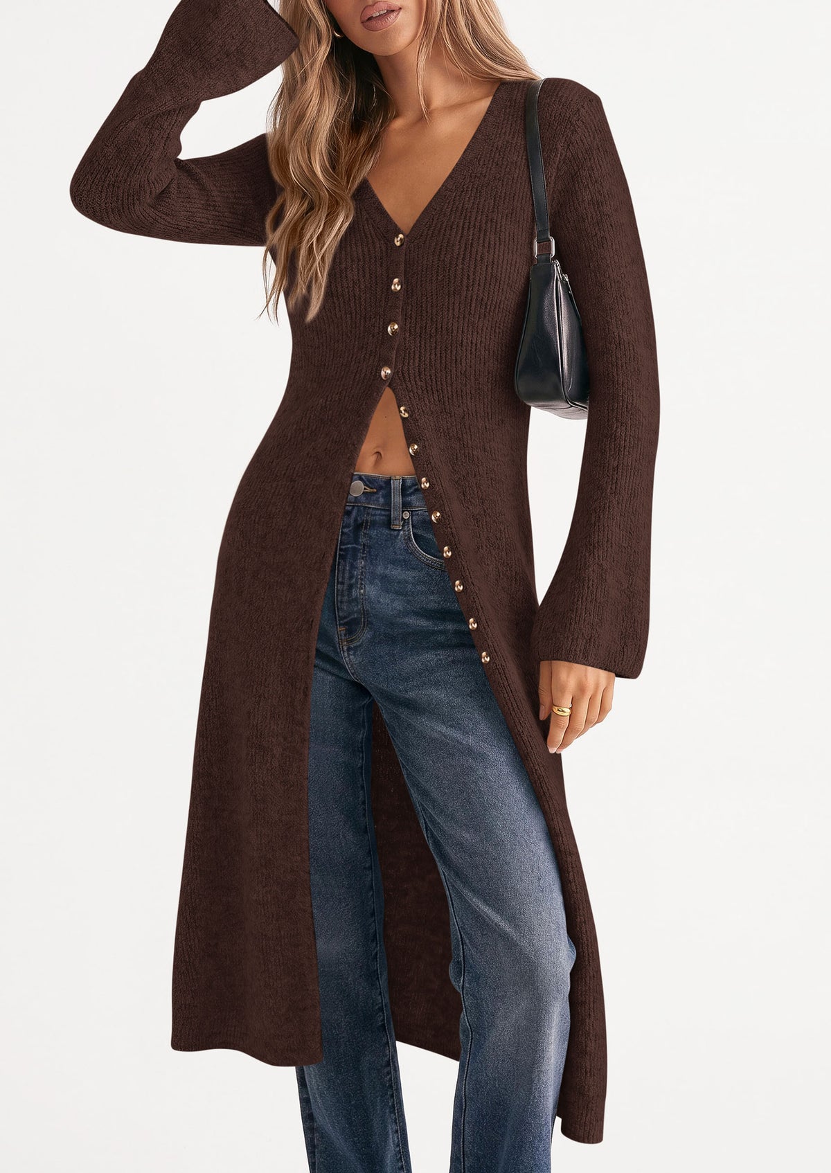 PRETTYGARDEN Women Long Cardigan Bell Sleeve Sweater Dress  Early Fall Fashion, V Neck Button Down Coats, Fit and Flare, Duster Sweater, Business Casual Outfits, Acrylic Cotton Blend