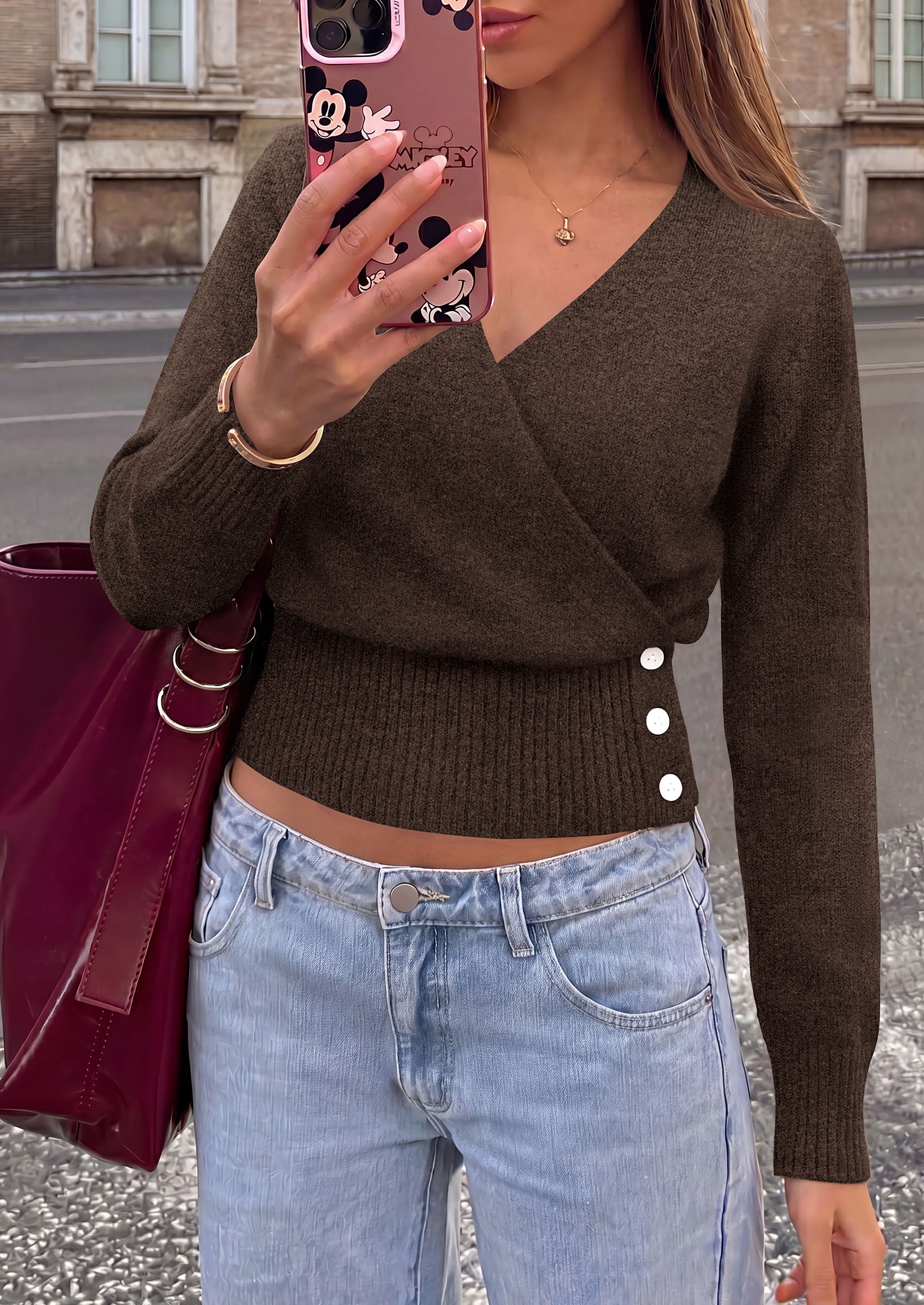 PRETTYGARDEN Women V Neck Wrap Sweater Cropped Tops Fall Winter Fashion 2026, Business Casual Outfits, Stretchy Soft knit, Wide Ribbed Hem with Side Buttons Pullover Sweaters