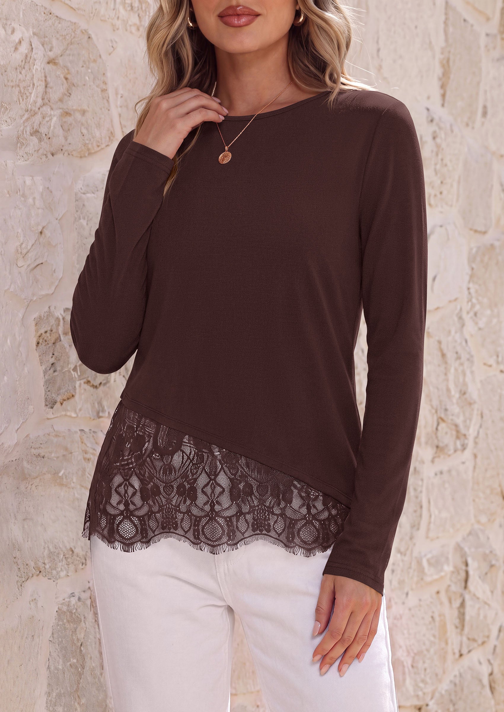 PRETTYGARDEN Women's Lace Patchwork Long Sleeve Shirts | Soft Casual Tops,Irregular Asymmetrical Hem,Crew Neck Thermal Blouses,Loose Fit Layer Tee,Fashion Fall Winter Daily Wear