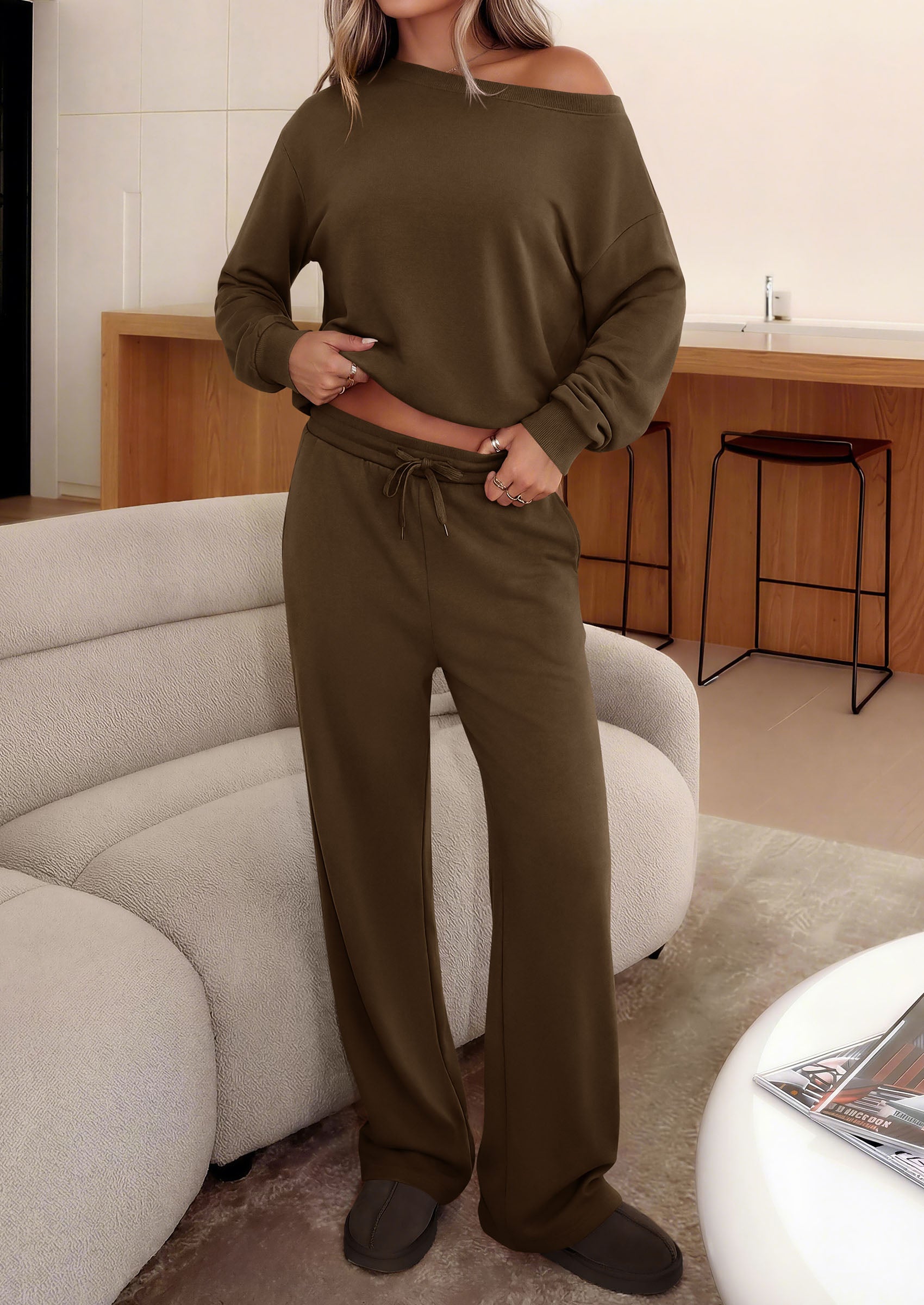 PRETTYGARDEN Womens 2 Piece Casual Matching Lounge Sets  Fashion Off the Shoulder Sweatshirt, Wide Leg Pants with Pockets, Comfy Airport Travel Outfit, 2026 Trendy Fall Set