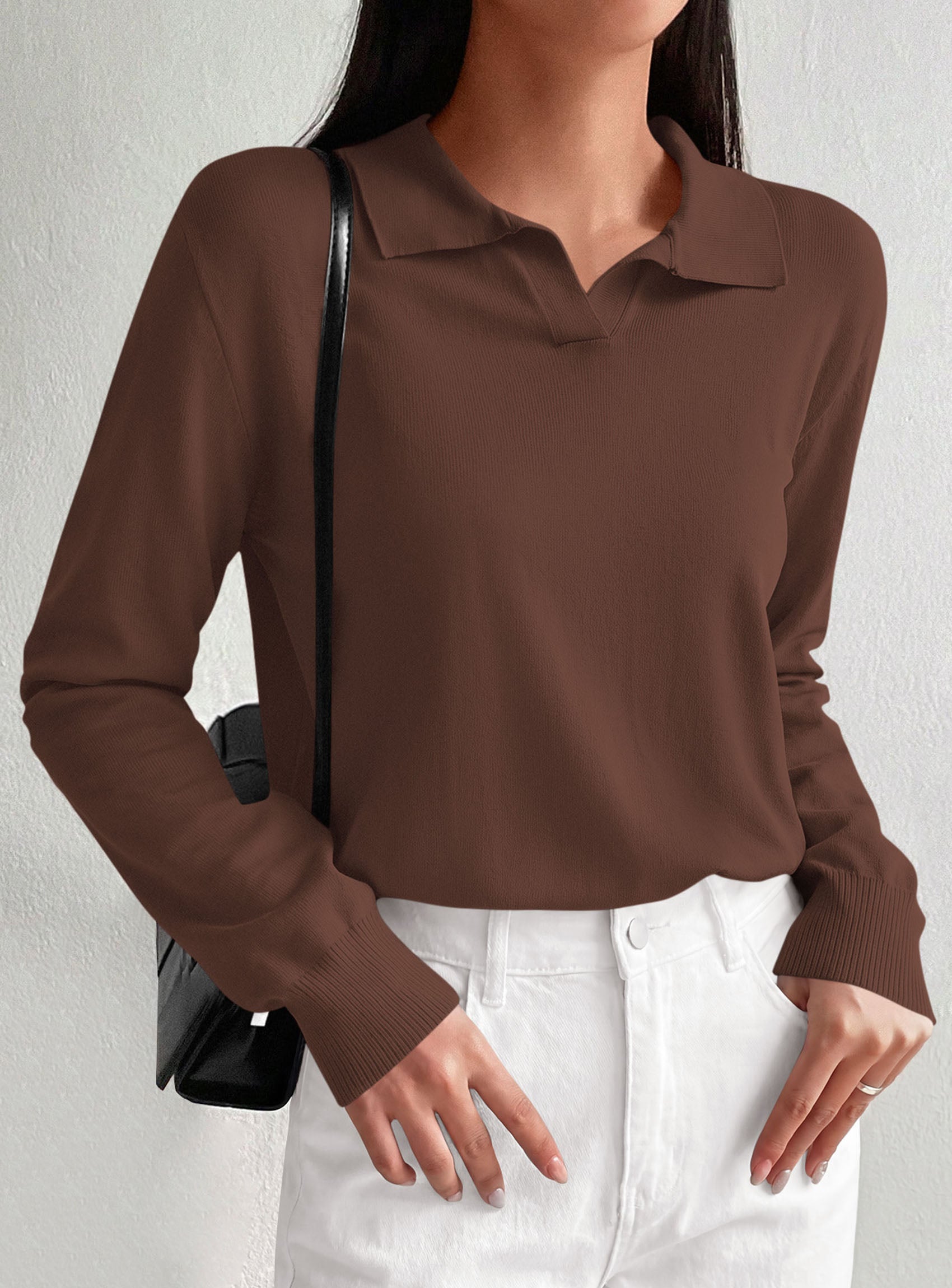 PRETTYGARDEN Womens Long Sleeve Collared Polo Sweater V Neck Knit Ribbed Business Casual Pullover Sweaters 2026 Fall Outfits