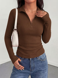 PRETTYGARDEN Women's Fall Quarter Zip Long Sleeve Shirts | Soft Stretchy Ribbed Knit, Collared Zipper Slim Fitted, Raglan Sleeves Pullover, Dressy Casual Tops, Trendy Going Out Outfits