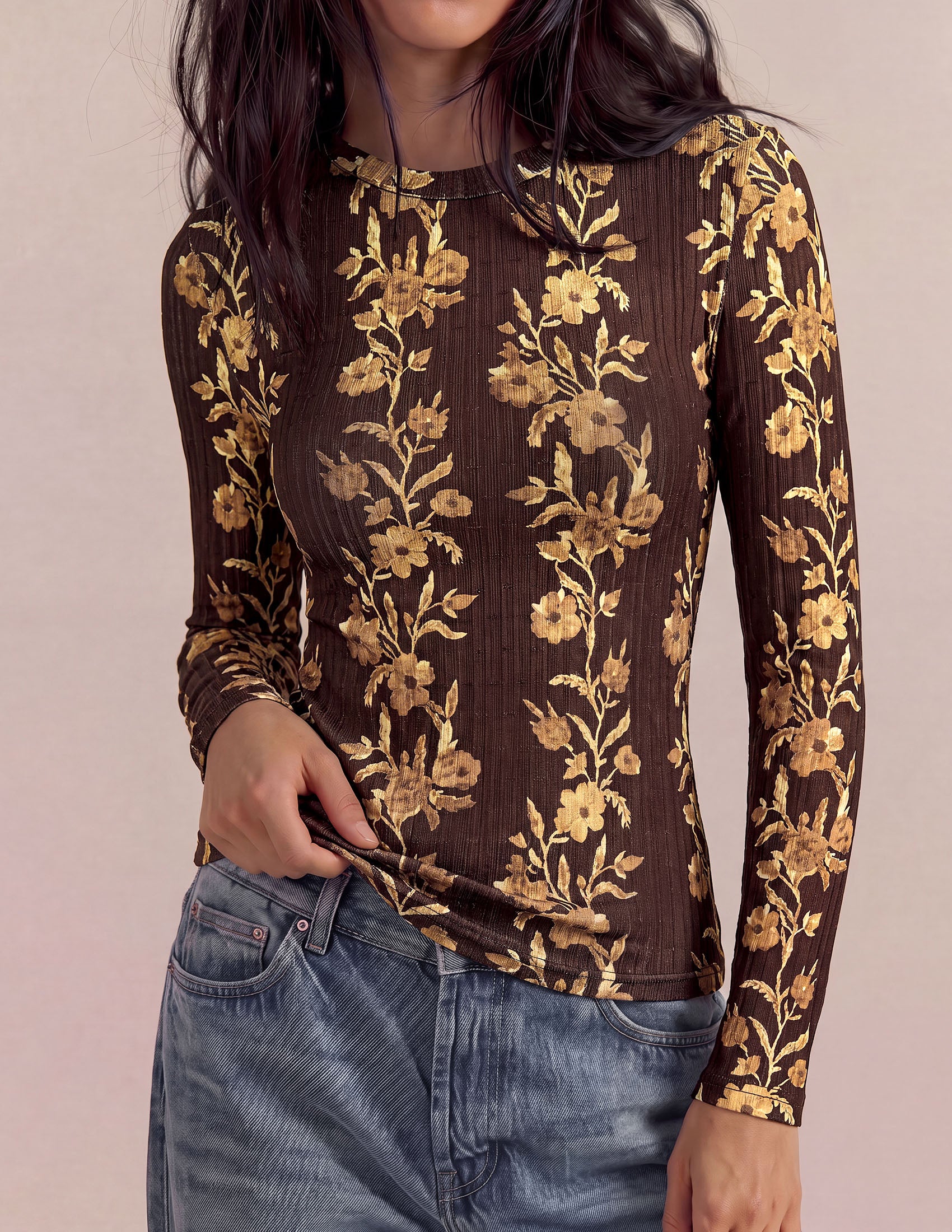 PRETTYGARDEN Womens Long Sleeve Shirts Floral Y2K Tops | Soft Lightweight Ribbed Knit Top,Fitted Waist,Crew Neck Slim Fit,Going Out Vacation Outfits,Layering Fall Winter Clothes