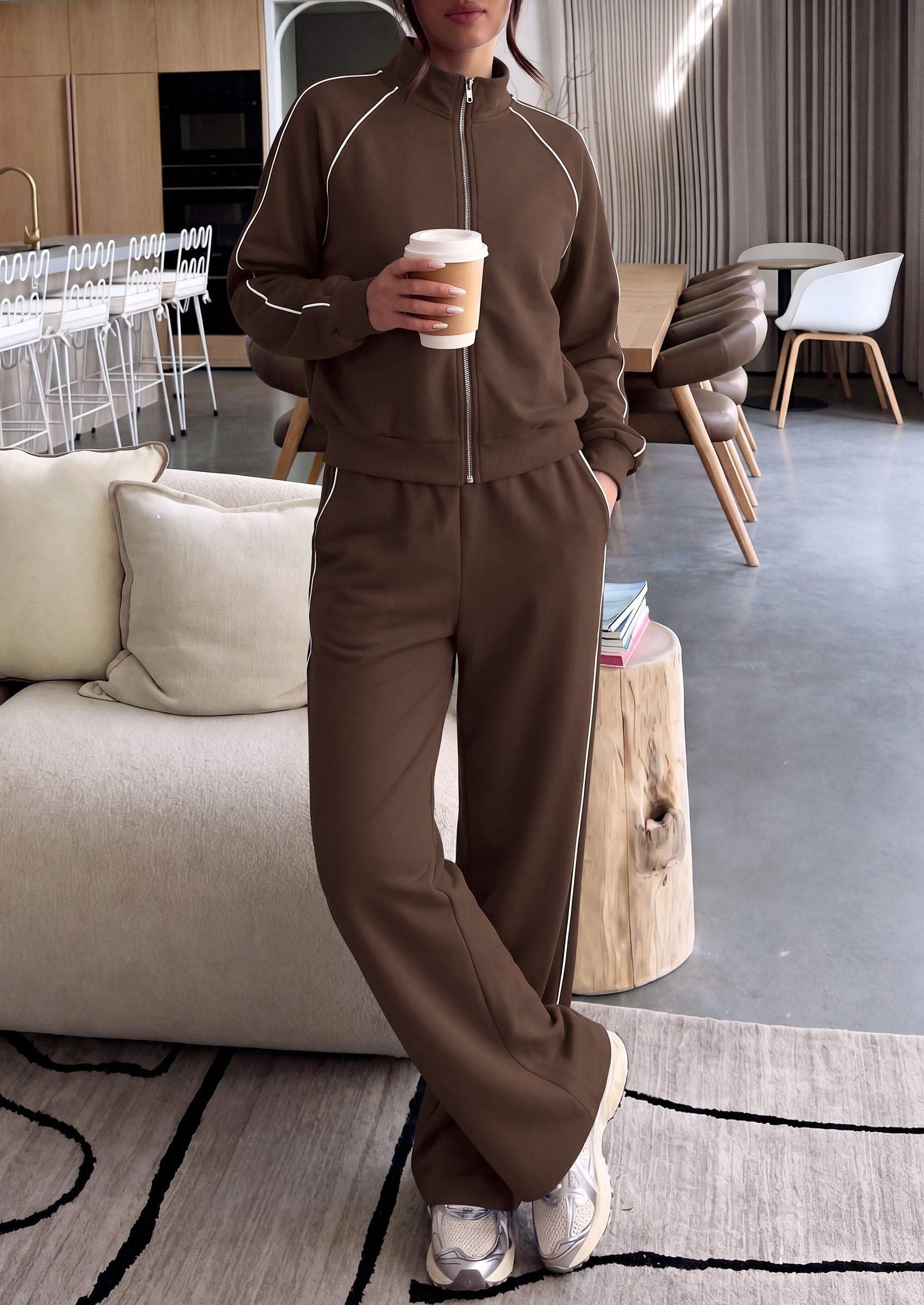 PRETTYGARDEN Women's 2 Piece Sweat Set Casual Fall Outfits | Zip Up Sweatshirt,Wide Leg Pants Sweatsuits,Side Stripes,Matching Lounge Sets,Athletic Wear for Airport,Jogging,Travel,Daily