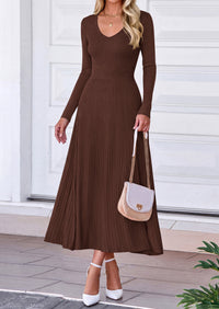 PRETTYGARDEN Women's Fall V Neck Pleated Midi Sweater Dress  Stretchy Ribbed Knit,Long Sleeve,A Line Flowy Skirt,Elegant Long Dresses for Wedding Guest,Work Office,Winter Party Outfits