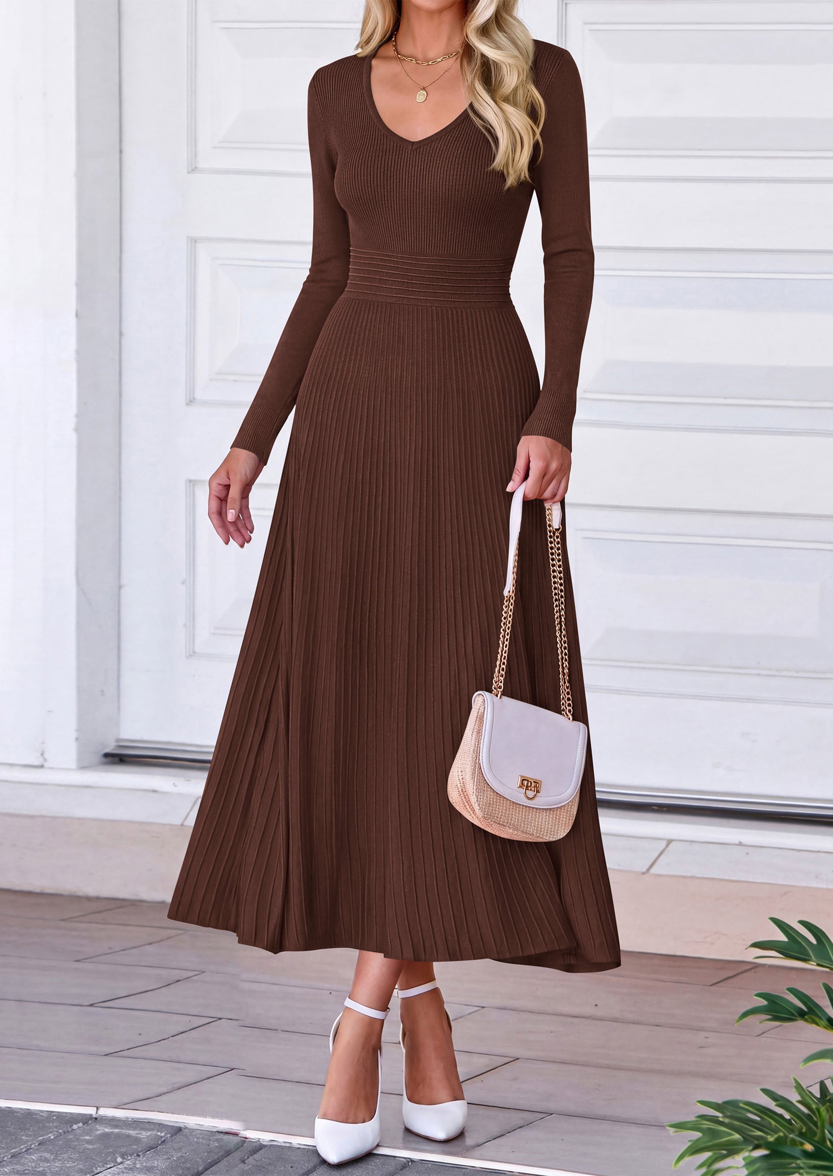 PRETTYGARDEN Women's Fall V Neck Pleated Midi Sweater Dress  Stretchy Ribbed Knit,Long Sleeve,A Line Flowy Skirt,Elegant Long Dresses for Wedding Guest,Work Office,Winter Party Outfits