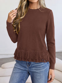 PRETTYGARDEN Womens Crewneck Long Sleeve Fringe Sweaters Pullover Tops Fringed Hemline, Ribbed Knit, Loose Fit, Bohemian Style, Soft Comfy Cute Sweater, Fall Winter Outfits, Casual Daily Wear