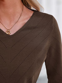 PRETTYGARDEN Long Sleeve V Neck Hollow Out Pullover Sweaters for Women | Chunky Loose Soft Ribbed Knit Classic Fall Tops, Business Casual Work Travel Vacation Daily Wear, Fashion Clothing