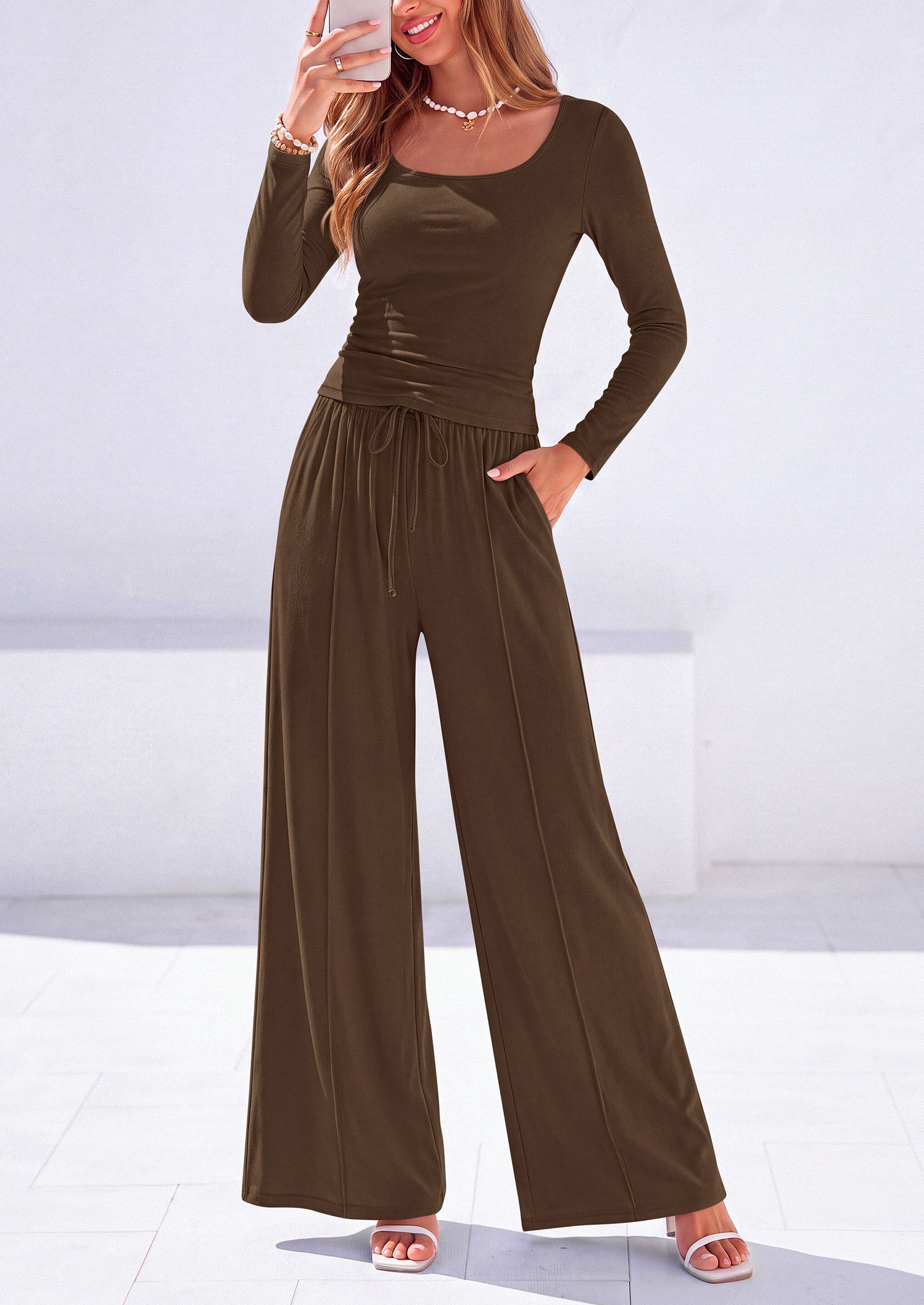 PRETTYGARDEN 2 Piece Sets for Women Fall Lounge Matching Set  Soft Fitted Square Neck Long Sleeve Crop Top, Casual Wide Leg Pants, Work, Home, Workout, Travel, Airport, Comfy Fall Clothes