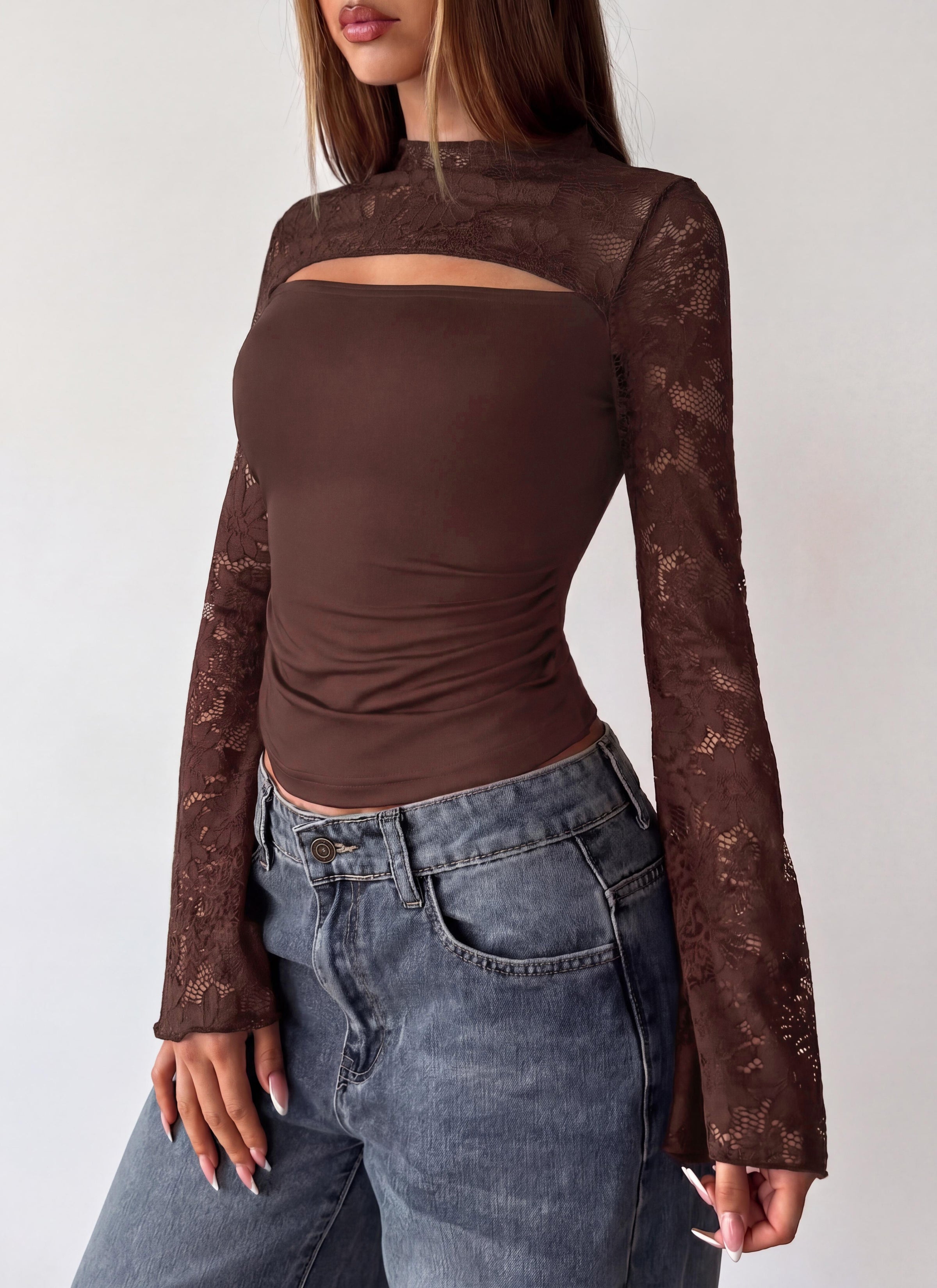 PRETTYGARDEN Womens Tops Fall Sexy Bell Long Sleeve Shirts Cut Out Fitted Y2k Lace Tshirt Ruched Going Out Crop Top 2026