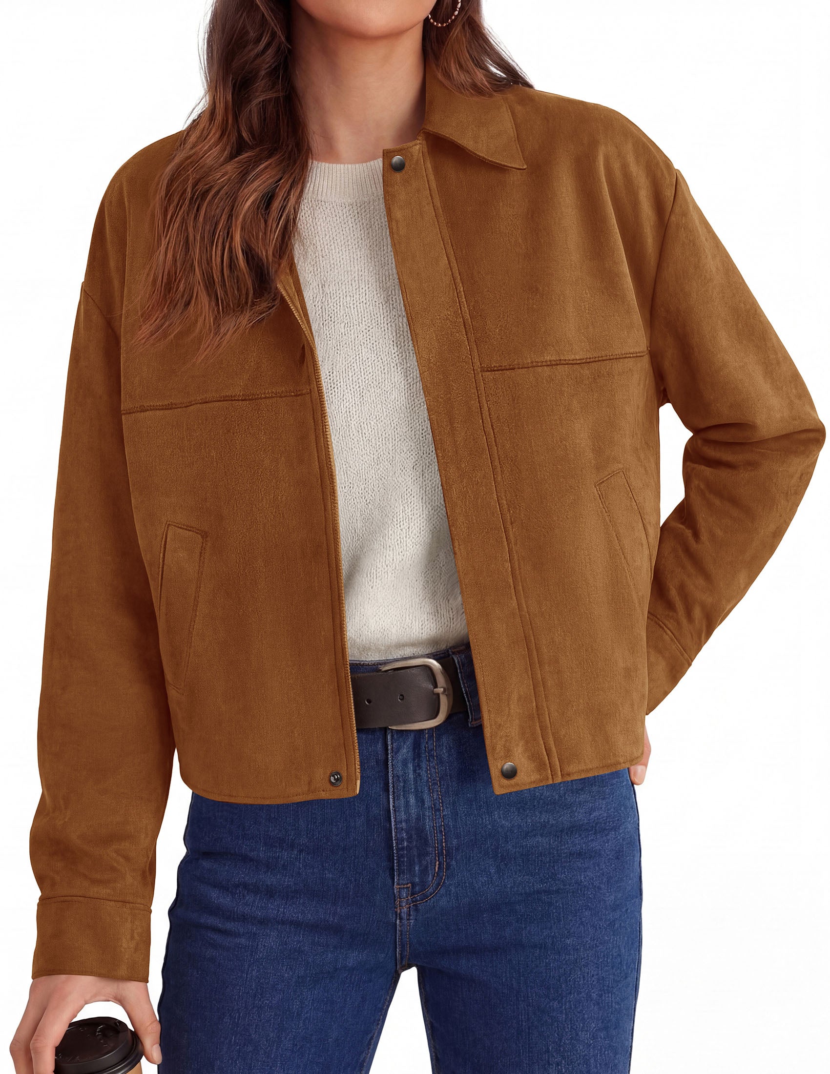 PRETTYGARDEN Women's Faux Suede Cropped Fall Jackets | Soft Zip Up Coats,Classic Lapel Collar,Button Down Shacket,Oversized Casual Outerwear,Trendy Winter Clothes with Pockets